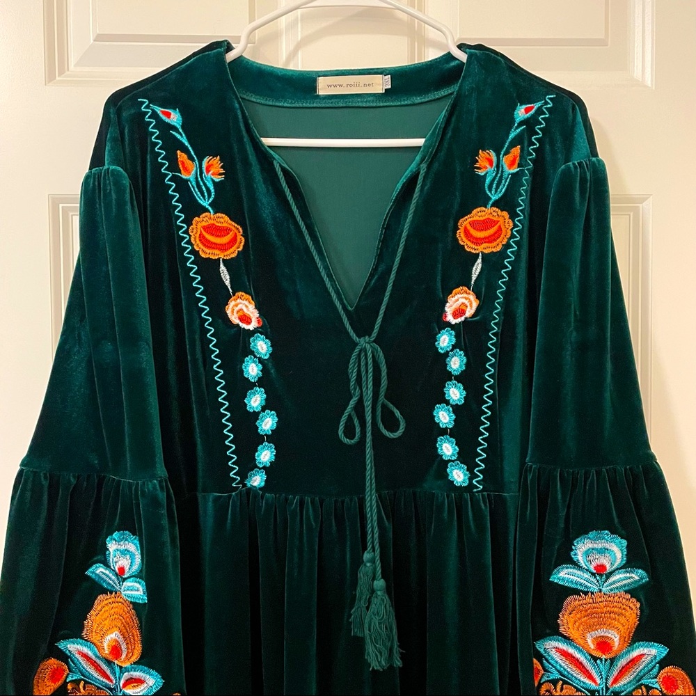 Boho Tunic - Embroidered Green Velvet